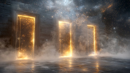 Surreal 3D floating doors in a cosmic dreamscape with soft mist, copy spaceの素材