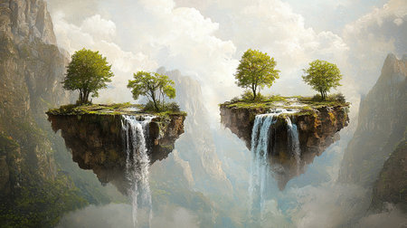 Surreal floating islands with waterfalls and bright skies, evoking wonder. Copy space.の素材