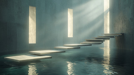 Surreal 3D scene of floating staircases leading to glowing portals, copy spaceの素材