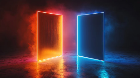 Surreal 3D space with floating glass panels reflecting neon lights, copy spaceの素材