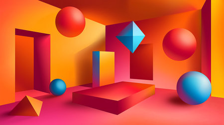Vibrant floating geometric shapes forming a dynamic dimensional perspective. Copy space.の素材