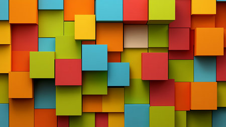 Vibrant 3D cubes arranged in an abstract pattern with depth and shadows, copy spaceの素材