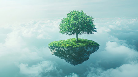 Surreal floating island with a tree growing ideas and innovation. Copy space.の素材