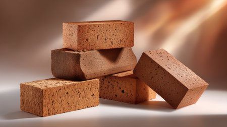 A stunning arrangement of textured brown bricks captures the essence of construction material in a serene setting. The interplay of light and shadow enhances their natural appeal.の素材