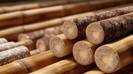 This close-up image showcases a collection of bamboo sticks stacked together. Their natural textures and earthy tones make them ideal for eco-friendly design concepts and sustainable projects.の素材
