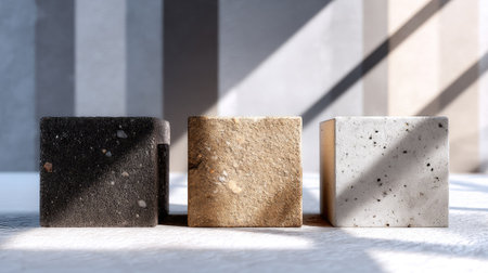 A set of three geometric cubes in black, brown, and white colors showcases unique textures under soft light, ideal for modern decoration and abstract art.の素材