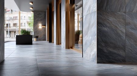 This image showcases a modern interior design featuring sleek stone flooring and elegant architectural elements, creating a sophisticated and inviting atmosphere.の素材