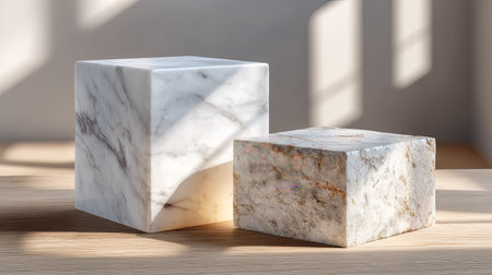 Captivating image of two marble cubes on a wooden surface, showcasing exquisite textures and elegant natural light illuminating the scene.の素材