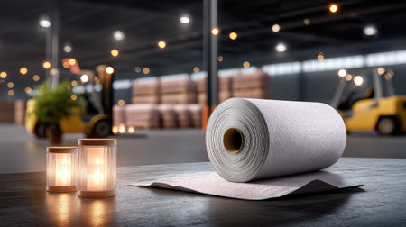 A detailed industrial warehouse scene featuring a rolling paper and soft candlelight. The background shows storage equipment, creating a warm and inviting atmosphere.の素材