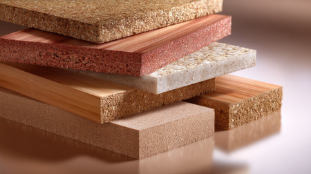 A close-up view of various wood panels arranged in an artistic stack, showcasing diverse textures and colors, perfect for interior design inspiration.の素材