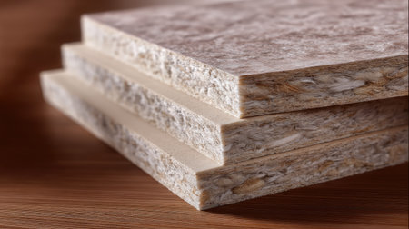 Closeup view of stacked wooden panels showcasing a textured surface, ideal for construction, woodworking, and interior design projects.の素材