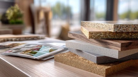 A visually striking display of various textured sample materials arranged in a modern workspace, showcasing surfaces ideal for interior design and furniture projects.の素材