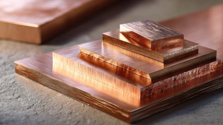 This high-quality image showcases polished copper sheets and blocks arranged artistically, highlighting the warm tones and smooth textures. Perfect for industries.の素材