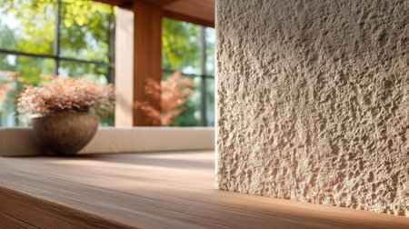 A closeup view showcasing a textured wall and warm wooden surface in a contemporary indoor space filled with natural light and decorative plants.の素材