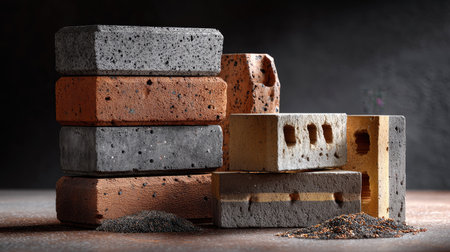 A captivating arrangement of various bricks showcasing different textures and earthy colors, highlighted by natural dust in a dramatic low light setting.の素材
