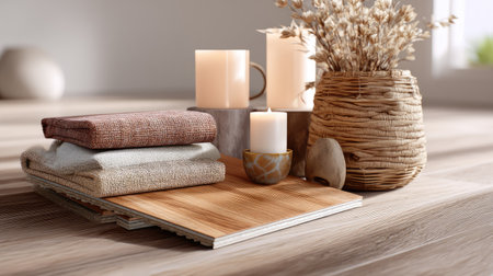 This cozy home decor scene features a soft textile arrangement, candles, and a dried flower display, creating a warm and inviting atmosphere.の素材