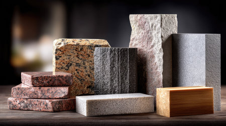 Display of various stone samples including granite, marble, and quartz on a wooden surface, ideal for construction or interior design projects.の素材