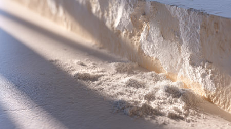 A captivating close-up of fine white powder dispersed on a smooth surface, surrounded by soft light and shadows, emphasizing natural textures and subtle beauty.の素材