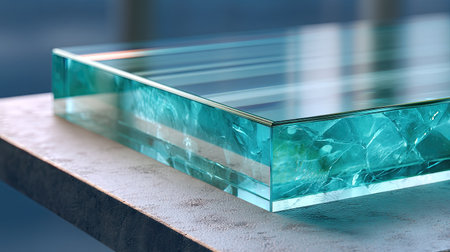 This image showcases a transparent teal glass panel with a textured surface, beautifully reflecting light. Ideal for modern interior design concepts.の素材