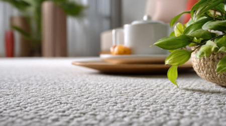 A serene living space featuring a soft carpet, a white teapot, and a vibrant green plant, creating an inviting atmosphere perfect for relaxation.の素材
