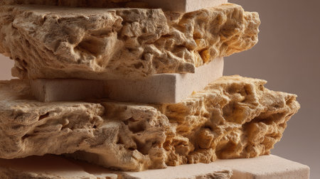 This image features distinct textured stone blocks stacked together, showcasing intricate details and warm earthy tones, perfect for design inspiration.の素材