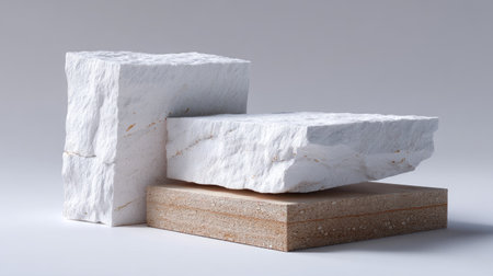 This image showcases three natural stone blocks in white and beige hues, highlighting their textures and minimalistic aesthetic, perfect for design projects.の素材