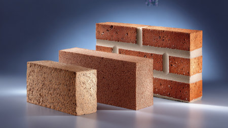 A captivating image showcasing three distinct bricks in various tones resting on a smooth blue background, ideal for themes related to construction and design.の素材