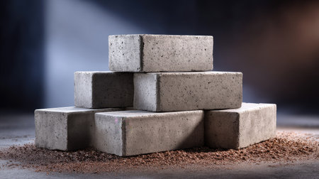 A well-composed image of a pile of concrete blocks showcasing their textured surfaces against a moody background. Ideal for projects related to construction and design.の素材