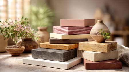 A serene and stylish display of natural stone blocks paired with a decorative pottery piece and fresh flowers, perfect for inspiring cozy interior design.の素材