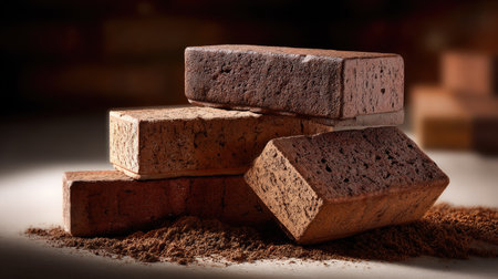 A focused view of stacked brown bricks showcasing unique textures against a dark background, creating a rustic and warm atmosphere perfect for construction themes.の素材