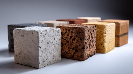 A visually striking array of textured building blocks arranged on a gray surface, perfect for design inspiration in architecture and construction.の素材