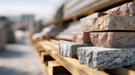 A collection of natural stone blocks in various colors and textures stacked on wooden pallets at an outdoor construction site, showcasing the beauty and diversity of stone materials.の素材