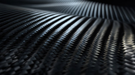 This stunning image captures the intricate texture of dark carbon fiber in flowing waves, showcasing dramatic light and shadow play, perfect for modern design projects.の素材