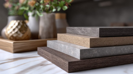 Close-up view of stacked wood samples showcasing various textures and tones, set against a stylish interior backdrop with floral accents. Ideal for design inspiration.の素材