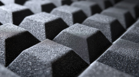 Close-up view of a textured foam surface featuring pyramidal shapes in black color. This abstract design provides unique aesthetic and practical applications.の素材