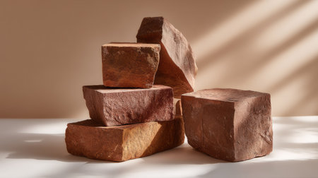 A set of stacked natural stone blocks showcasing rich textures and warm colors. Soft shadows play on a minimalist background, perfect for design or construction themes.の素材