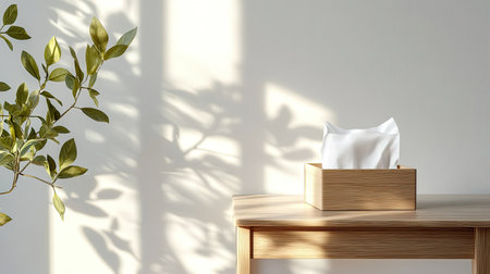 A serene minimalist scene featuring a wooden table with a tissue box and delicate shadows. This peaceful moment captures warmth and comfort in an indoor setting.の素材
