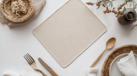 A serene table setting featuring a neutral palette that highlights natural textures. Ideal for showcasing minimalist dining styles and inviting atmospheres.の素材