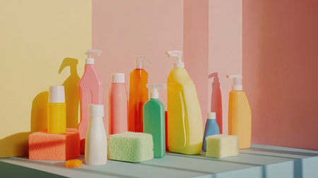 A visually striking arrangement of colorful cleaning products and sponges set against a pastel background, showcasing modern aesthetics and vibrant design ideal for domestic cleaning themes.の素材