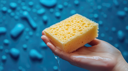 A close-up view of a yellow sponge held in a hand, glistening with water droplets. The vibrant blue background enhances the freshness and utility of the cleaning tool.の素材