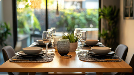 A beautifully arranged dining table set with elegant tableware, reflecting a modern style. The setting features natural light and greenery, perfect for gatherings.の素材