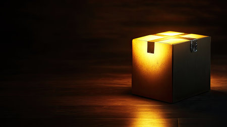 A captivating image of a glowing box in a dark room, showcasing warm illumination and intriguing shadows, evoking a sense of mystery and calmness.の素材
