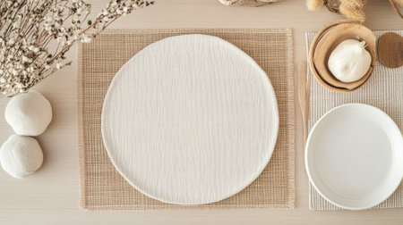 A minimalist table setting featuring a white plate on natural fabric, accompanied by subtle earthy elements. Perfect for decor inspiration and dining aesthetics.の素材