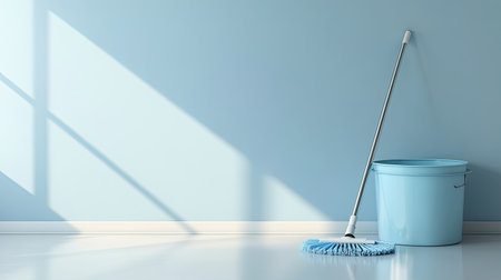 A serene cleaning scene featuring a blue mop and bucket against a light wall. Perfect for representing cleanliness, organization, and home maintenance themes.の素材