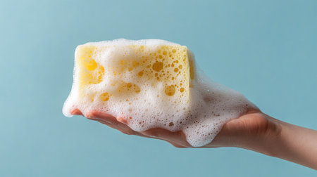 A hand holds a vibrant yellow sponge covered in white lathering soap bubbles against a blue background. This image conveys cleanliness and hygiene, perfect for product advertisements.の素材