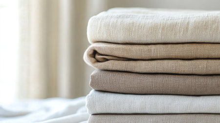 Soft and neutral-toned linen fabrics are neatly stacked to create a calm and inviting atmosphere, perfect for home decor and stylish interiors.の素材
