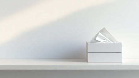 A minimalist tissue box sits on a clean surface, illuminated by soft light. The arrangement creates a serene atmosphere, perfect for modern home decor.の素材