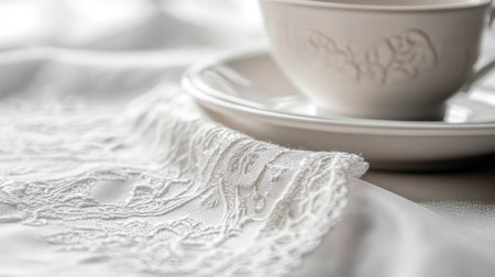 A beautifully arranged white table setting featuring delicate lace, fine china cup, and saucer. Perfect for elegant dining experiences or special occasions.の素材