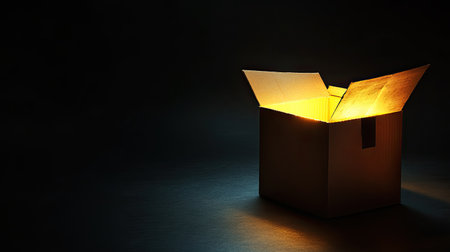 An open cardboard box emits a soft warm light from within, creating a mysterious and inviting atmosphere. Ideal for concepts of discovery and surprise.の素材