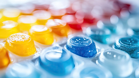 A stunning close-up of vibrant gel capsules in various colors. The arrangement creates a dynamic abstract pattern that reflects light beautifully. Perfect for health-themed designs.の素材